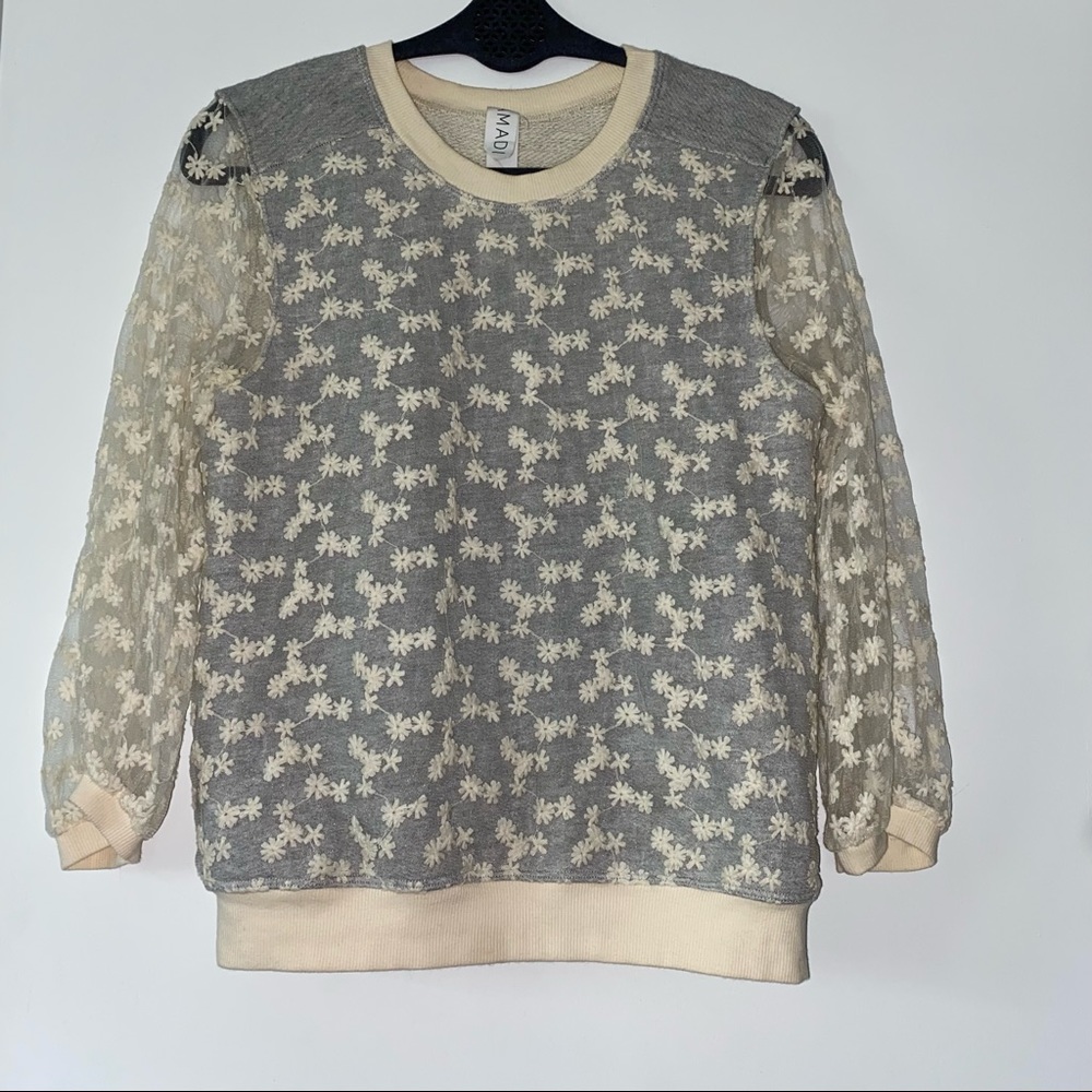 Anthropologie Amadi Daisy Lace Sheer Sleeves Sweatshirt